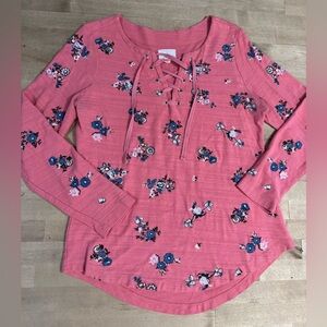 Caslon Pink Floral Lace-Up Long Sleeve Top cotton